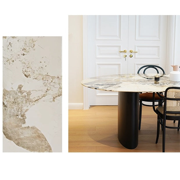 Tambo Dining Table, Pebble Shape, Sintered Stone in a lifestyle setting with dining table and six chairs