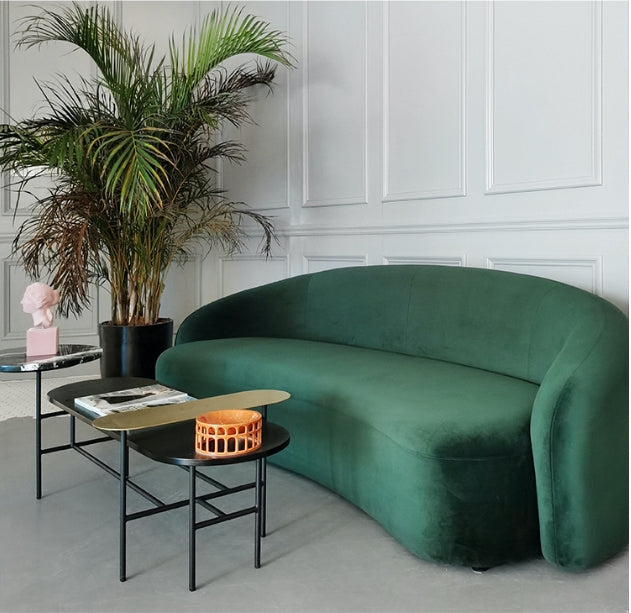 Julep Modern Curved Three Seater, Four Seater Sofa, Velvet, side view of curved outdoor sofa