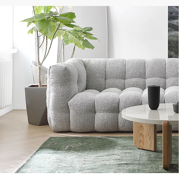 Zobah Two Seater, Three Seater Sofa, Grey Boucle with dining table