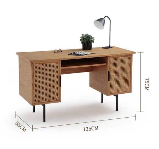 Detail view of Lindy Rattan Office Desk, Oak with grey office desk