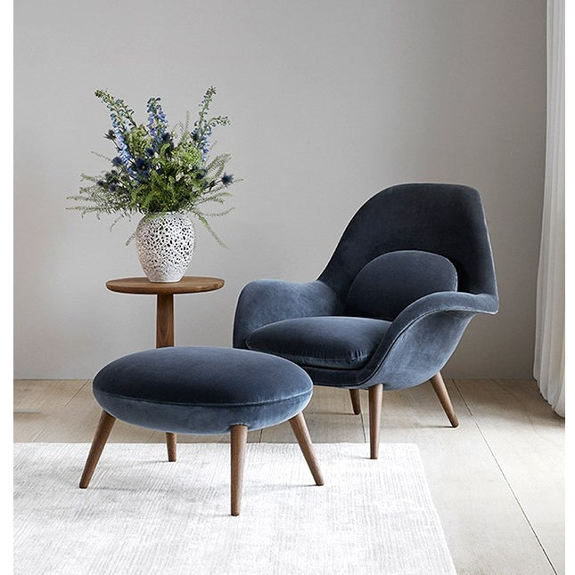 Fredericia Swoon Armchair And Footstool, Velvet with woodworking sideboard
