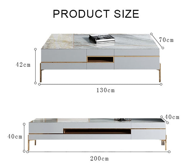 VIda Rectangle Coffee Table Set With TV Stand, Gold Leg with solid oak sideboards