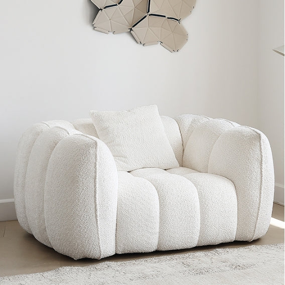 Oxley Pumpkin Single Seater Sofa, Armchair, White, side view of dining table with chairs for 4
