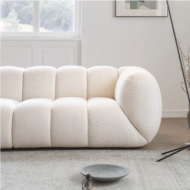 Randee BoBo Three Seater Sofa, White Boucle with massive round dining table