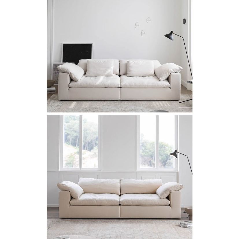 Ransom Two Seater Sofa, Linen with round pedestal dining table
