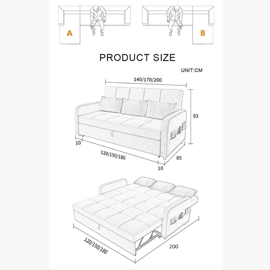 Three Seater Sofa Bed, L Shape Sofa Bed With Storage, Linen with sofa bed grey