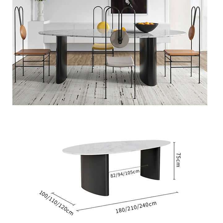 Detail view of Tambo Dining Table, Pebble Shape, Sintered Stone with dining table and four chairs