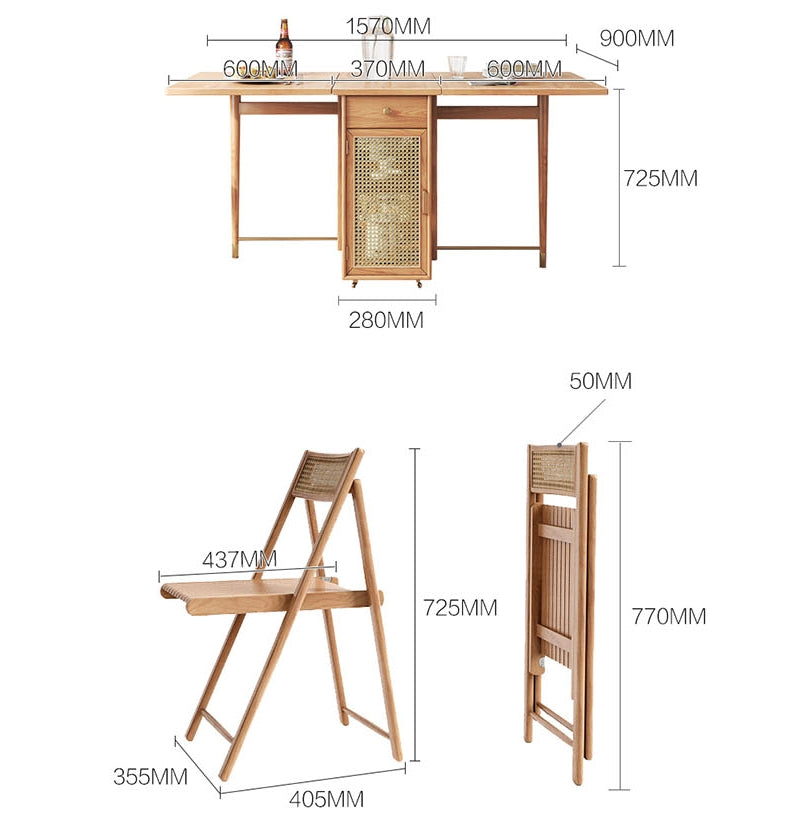 Nydia Foldable Dining Table Set With Storage, Rattan, Solid Wood with square extendable dining table