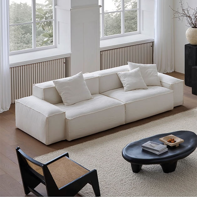Zaavan Three Seater Sofa, Modular Sofa, White Linen with extending oak dining table