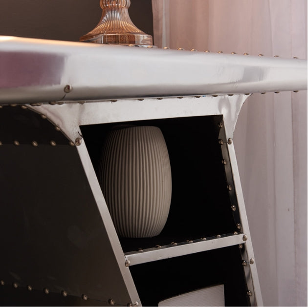 Timothy Oulton Aviator Aviation Desk, Office Desk, Aluminium with white office desk chair