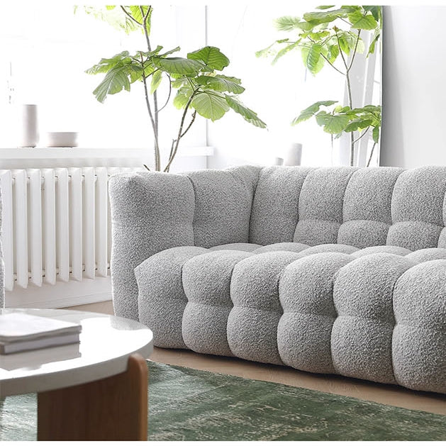 Zobah Two Seater, Three Seater Sofa, Grey Boucle with dining table with 2 chairs