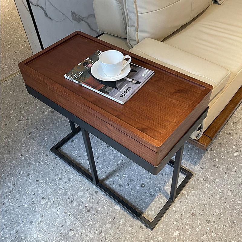 Hay Storage Side Table, Walnut in a lifestyle setting with folding outdoor dining table and chairs