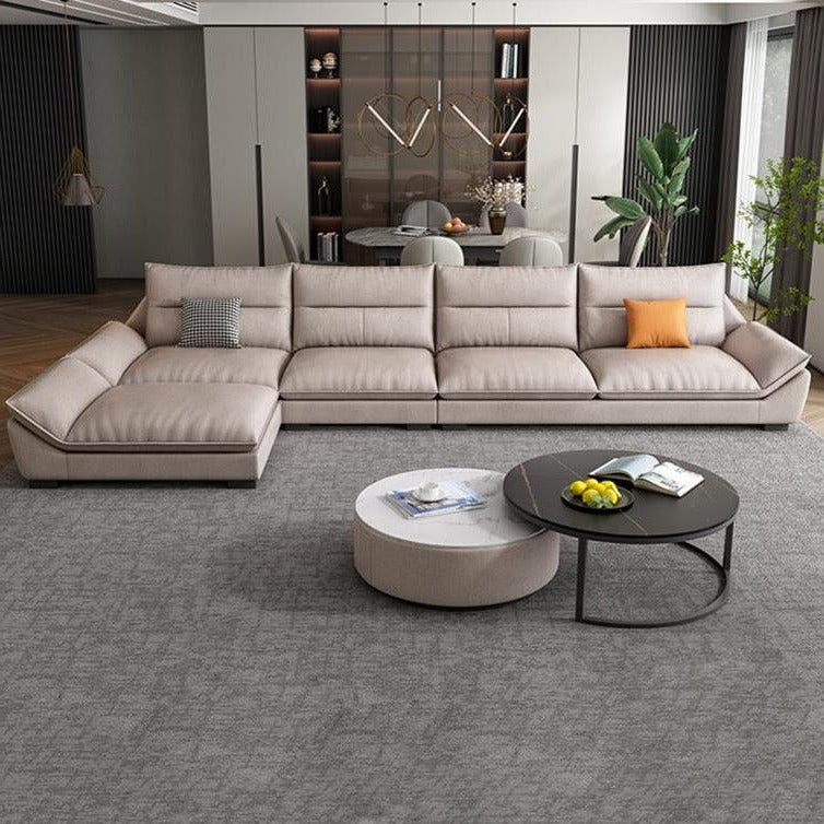 Quinn Five Seater Sofa, Leathaire with linen corner sofa