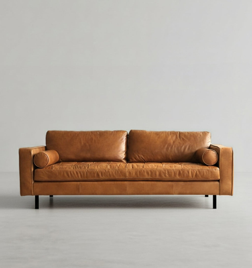 Detail view of Porto Three Seater Sofa, Real Leather with purple corner sofa