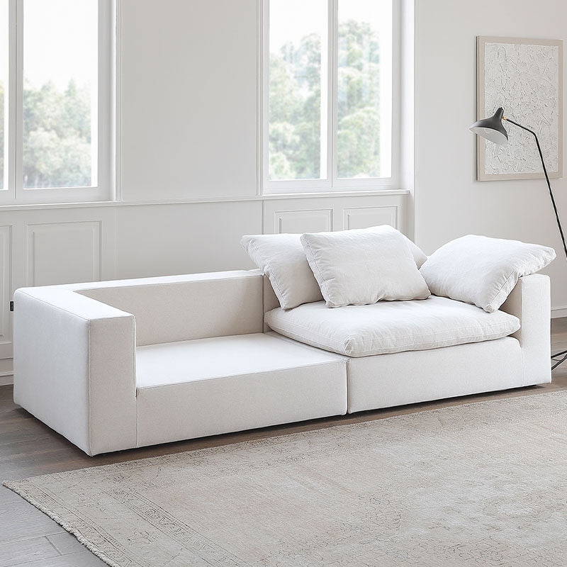 Detail view of Ransom Two Seater Sofa, Linen with pool table dining