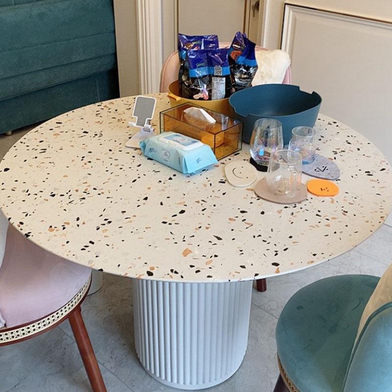 Cracky White Round Dining Table, Premium Terrazzo And Wood Base, side view of chairs and bench for dining table