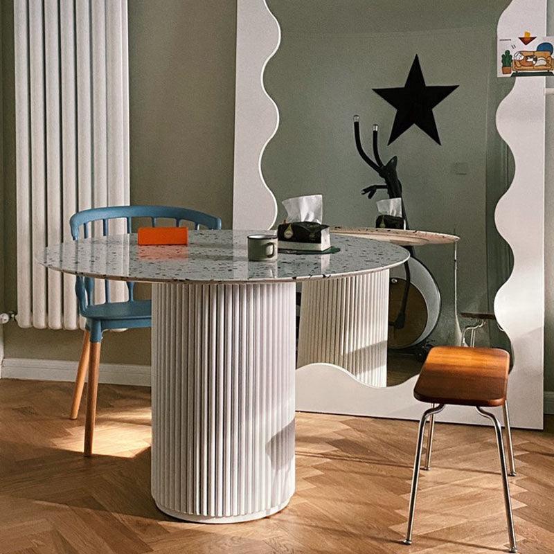 Detail view of Cracky White Round Dining Table, Premium Terrazzo And Wood Base with circular dining table oak