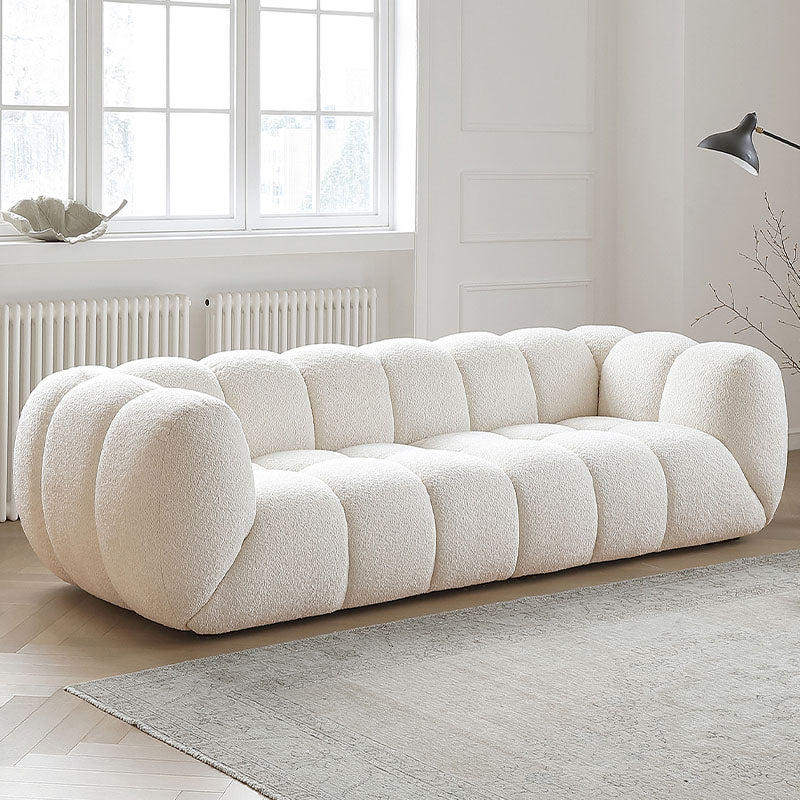 Randee BoBo Three Seater Sofa, White Boucle in a lifestyle setting with marble dining table chairs