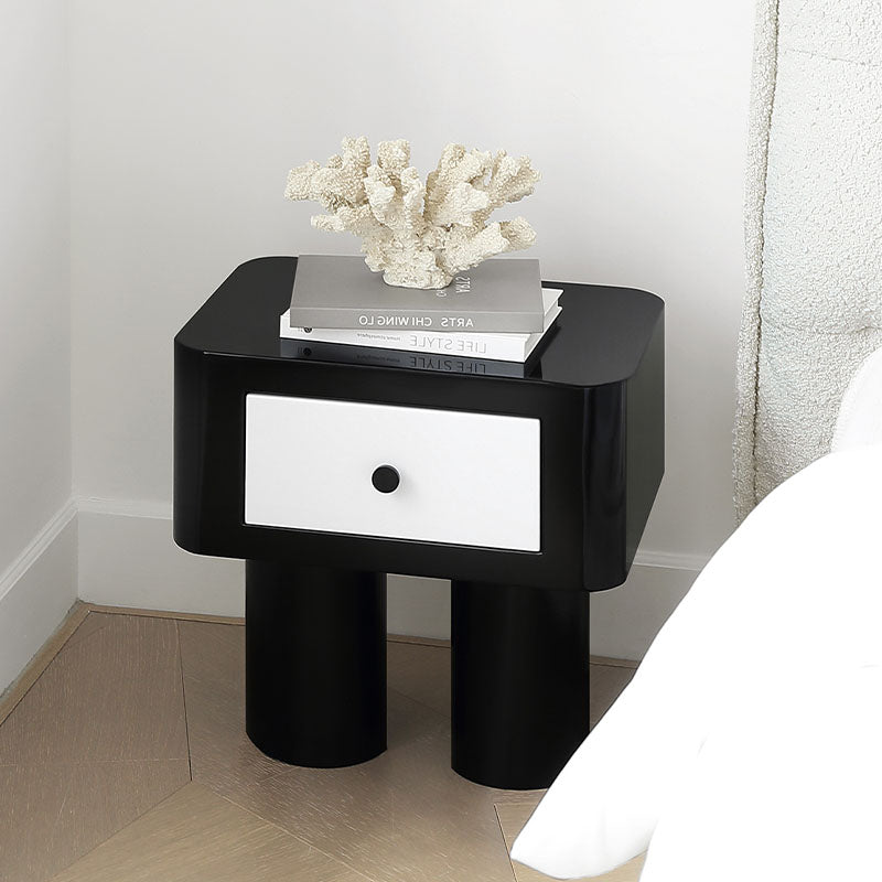 Detail view of Seymour Bedside Table, Black and White with small dining room table for 2