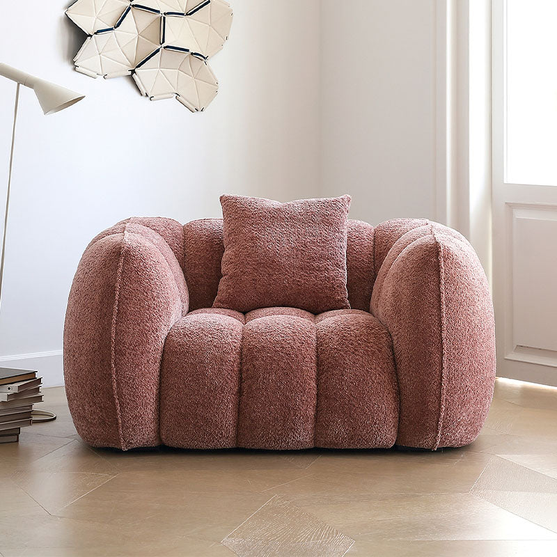 Welton Pumpkin Armchair, Boucle, side view of rustic dining table and chairs
