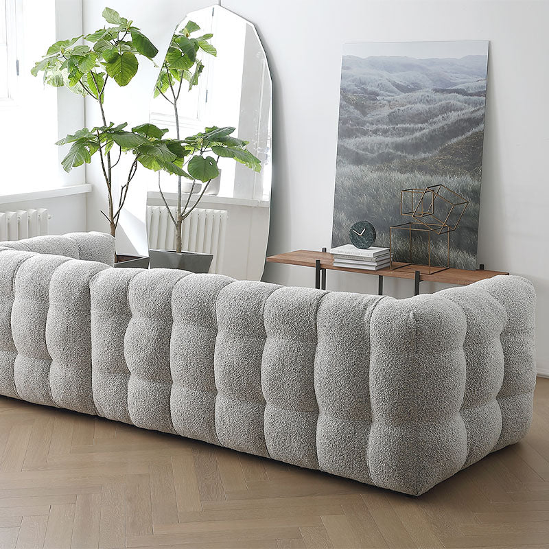 Zobah Two Seater, Three Seater Sofa, Grey Boucle with dining table with chairs and bench