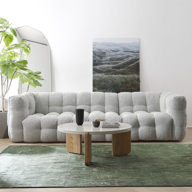 Zobah Two Seater, Three Seater Sofa, Grey Boucle in a lifestyle setting with dining table set for six