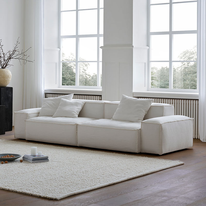 Zaavan Three Seater Sofa, Modular Sofa, White Linen with foldable outdoor dining tables