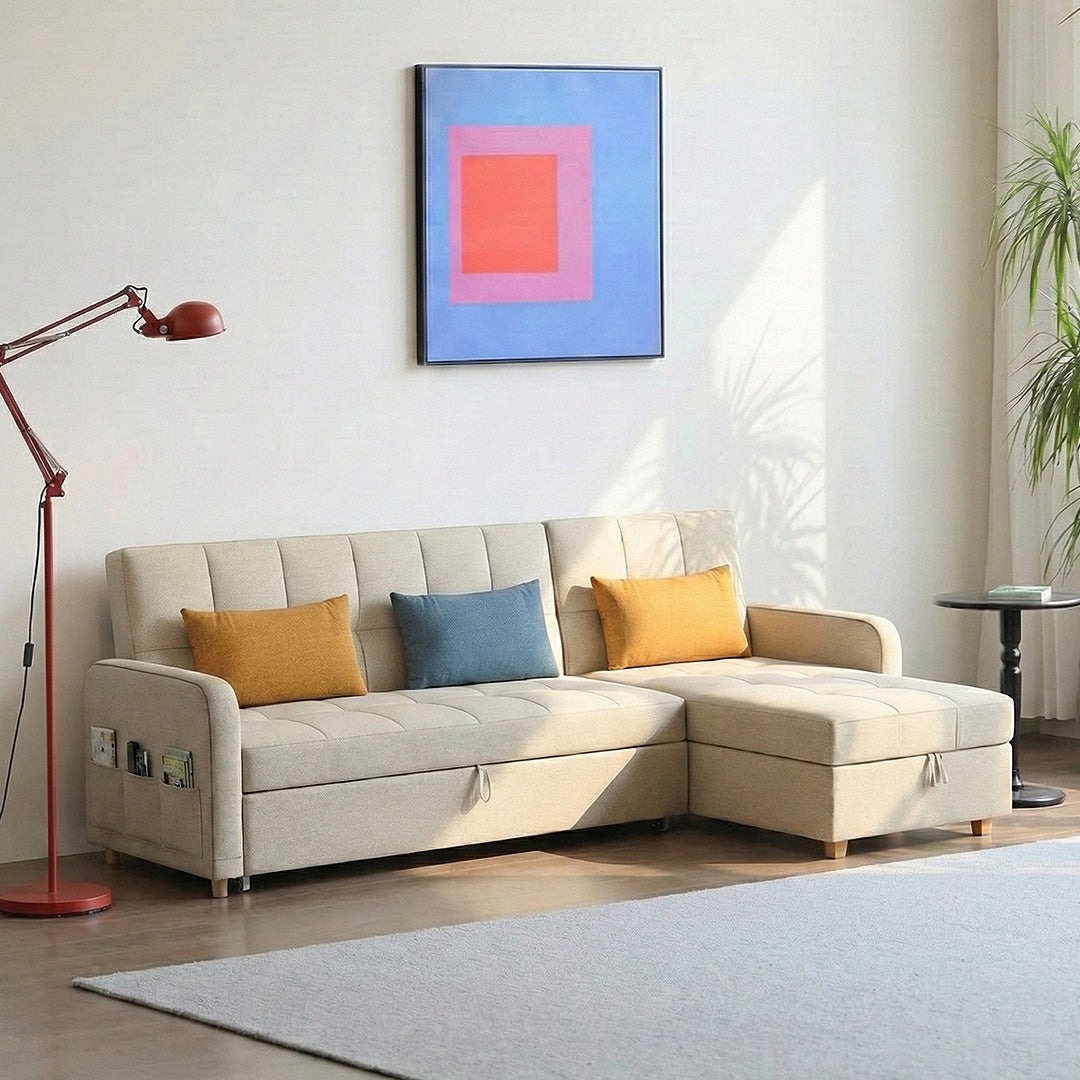 Three Seater Sofa Bed, L Shape Sofa Bed With Storage, Linen in a lifestyle setting with leather sofa sofa bed