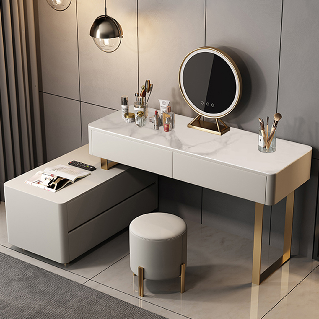 Detail view of Maynard Dressing Table With Sideboard With LED Mirror with black sideboard with drawers