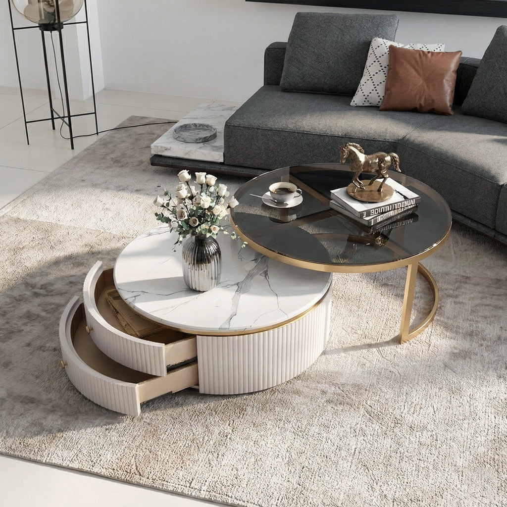 Bell Nesting Coffee Table Set, White & Gold - corner dining table furniture