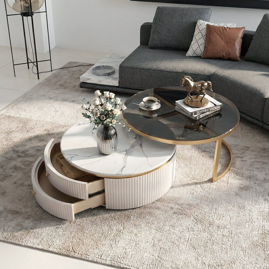 Bell Nesting Coffee Table Set, White & Gold - corner dining table furniture