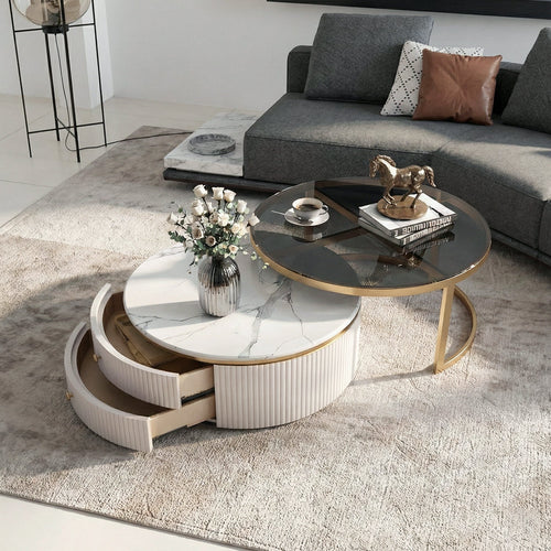 Bell Nesting Coffee Table Set, White & Gold - corner dining table furniture