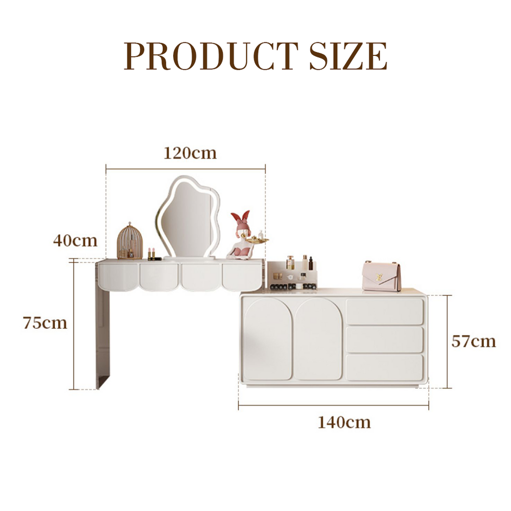 Zenith Dressing Table With Sideboard & LED Mirror, Cream with black glass sideboard