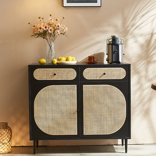 Barbary Rattan Sideboard, Black Or Oak, side view of sideboard with baskets