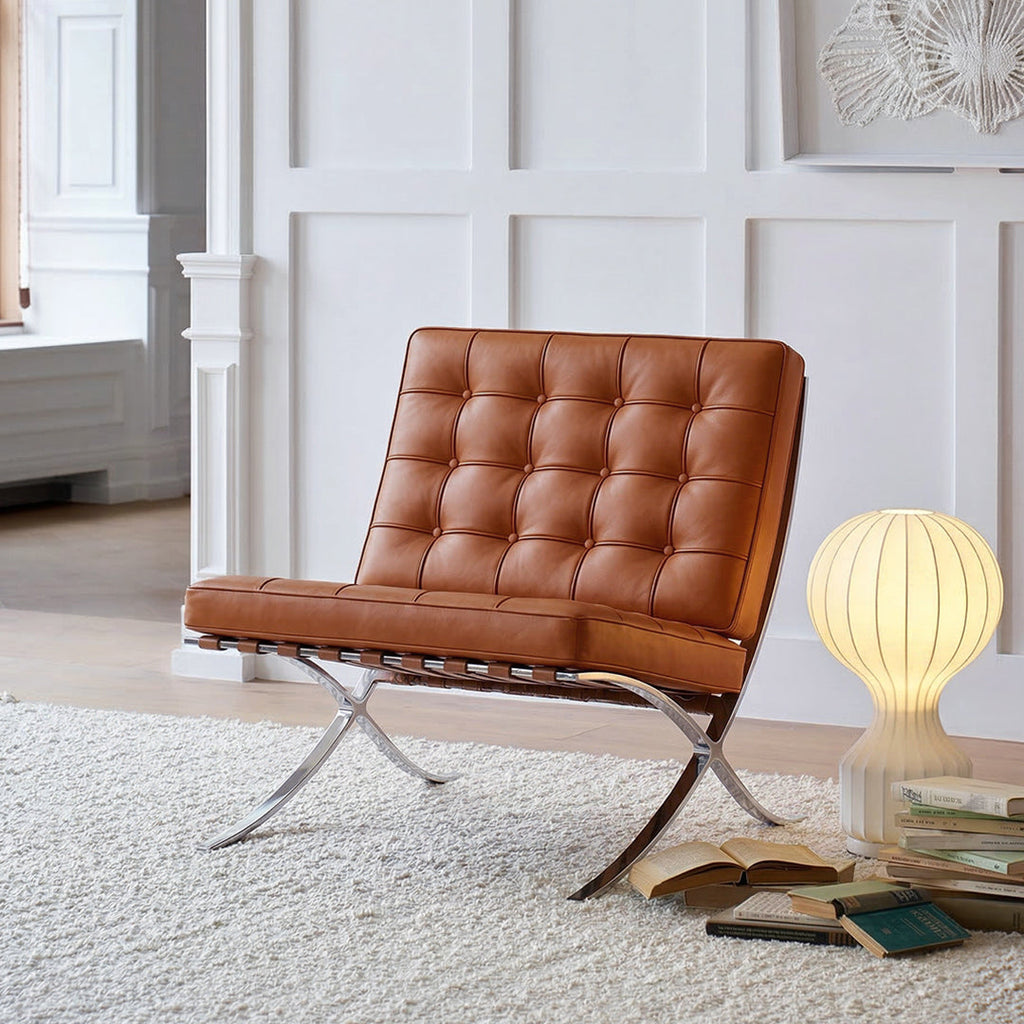 Barcelona Chair And Ottoman, Brown Leather