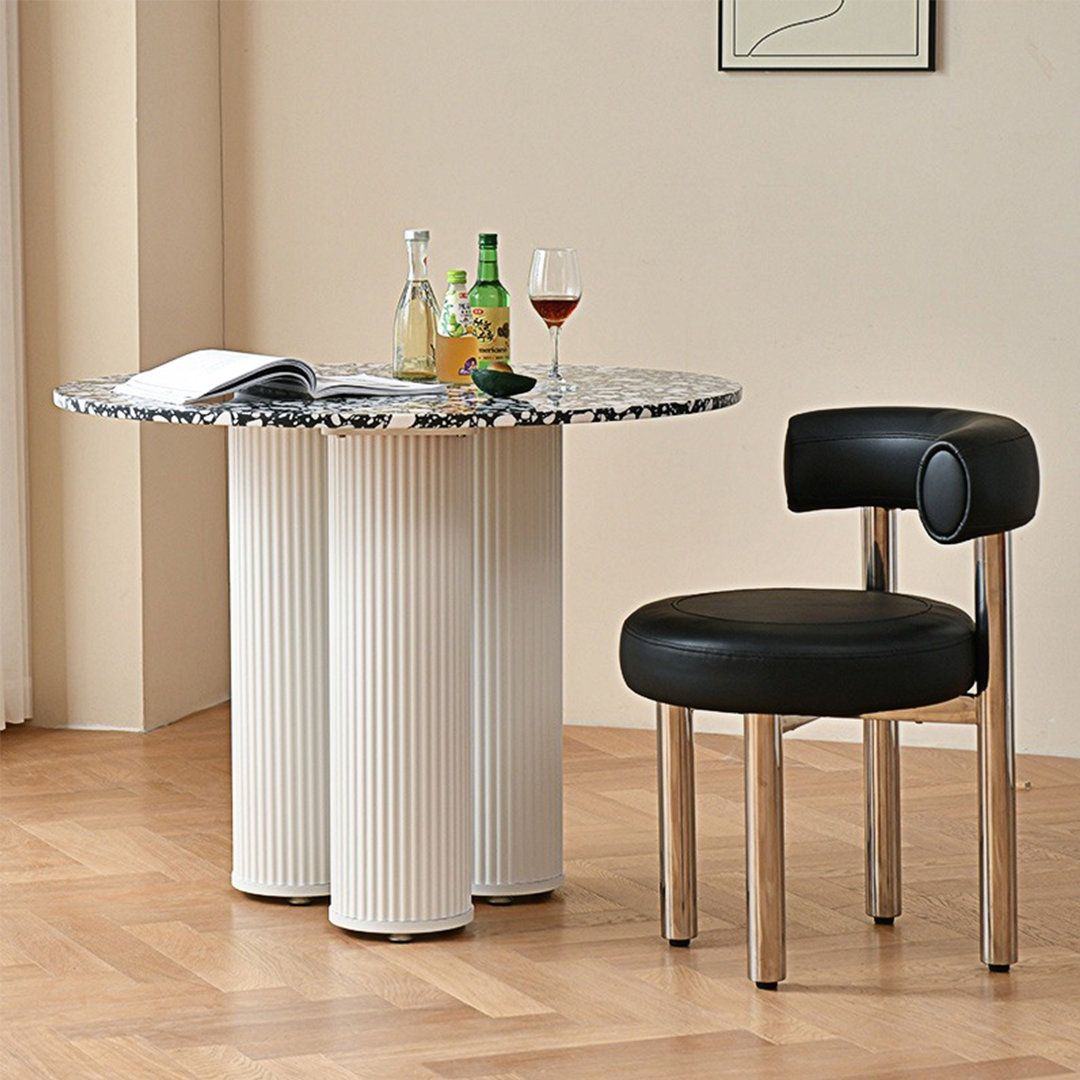 Martinez Small Round Dining Table, Marble, side view of 2 chair dining table