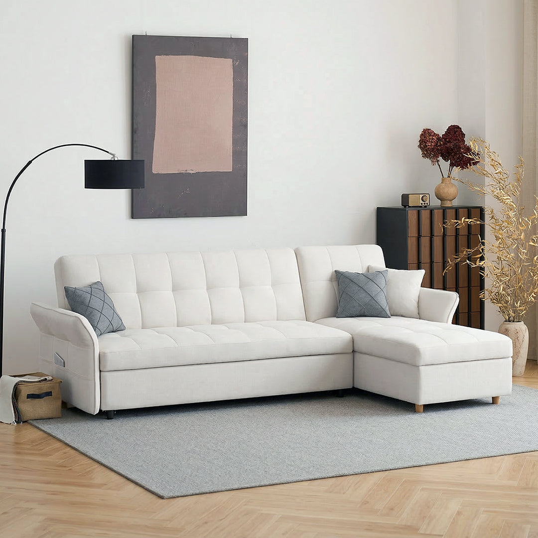 Three Seater Corner Sofa Bed, White - brown leather corner sofa