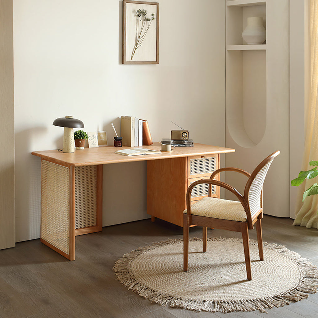 Anya Office Desk With Storage & Office Chair, Ash Wood & Rattan - corner home office desk