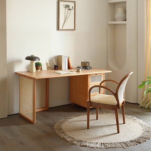 Anya Office Desk With Storage & Office Chair, Ash Wood & Rattan - corner home office desk