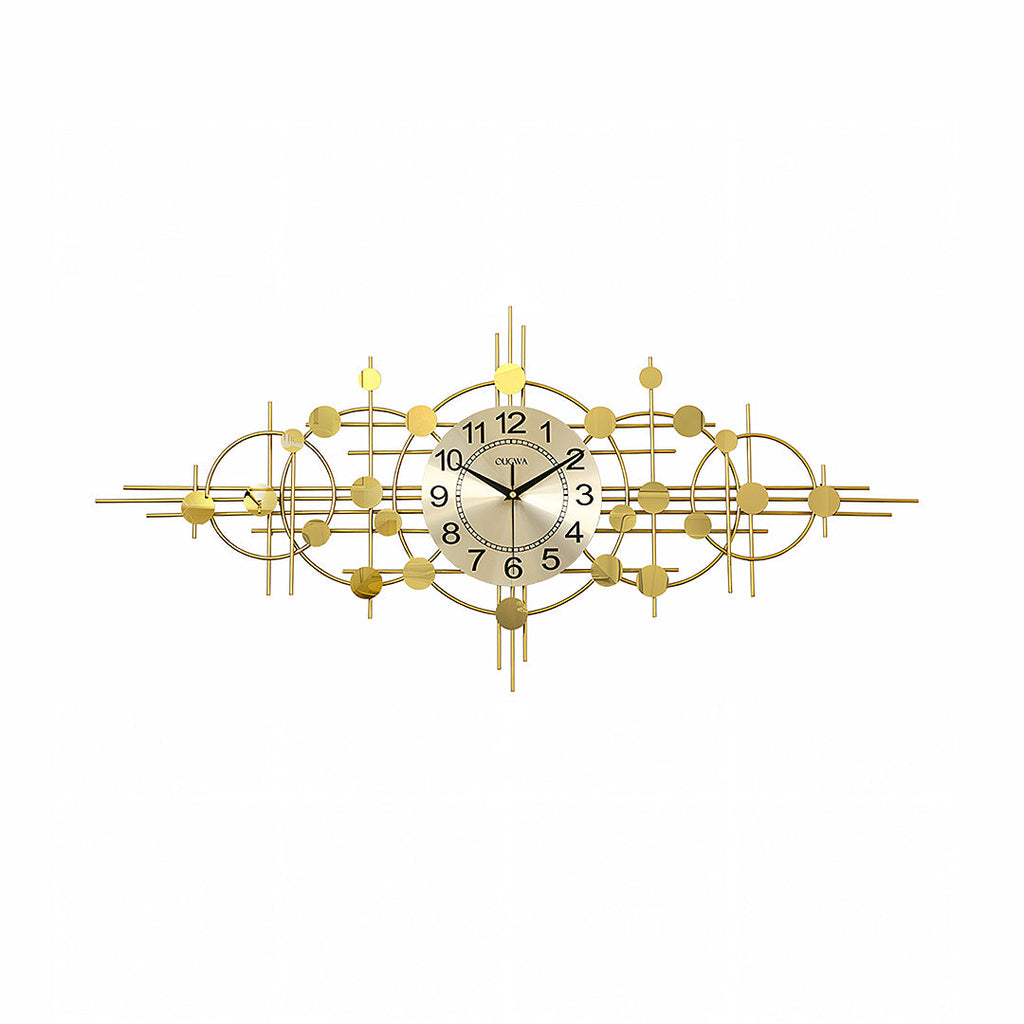 Cohen Art Deco Gold Wall Clock, Silent Clock, Horizontal Or Vertical with dark wood sideboard