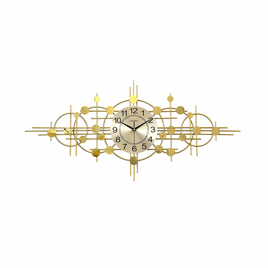 Cohen Art Deco Gold Wall Clock, Silent Clock, Horizontal Or Vertical with dark wood sideboard