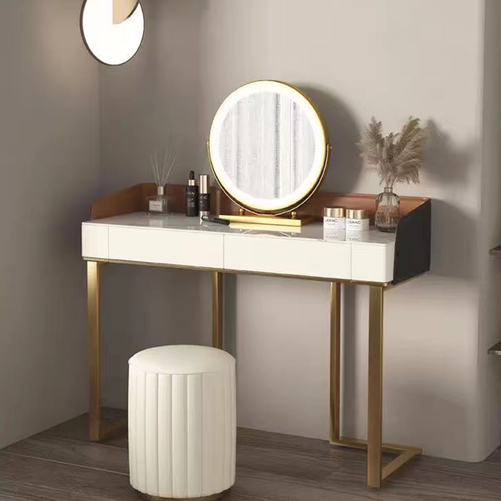 Jaxon Dressing Table, side view of 8 seat dining table and chairs