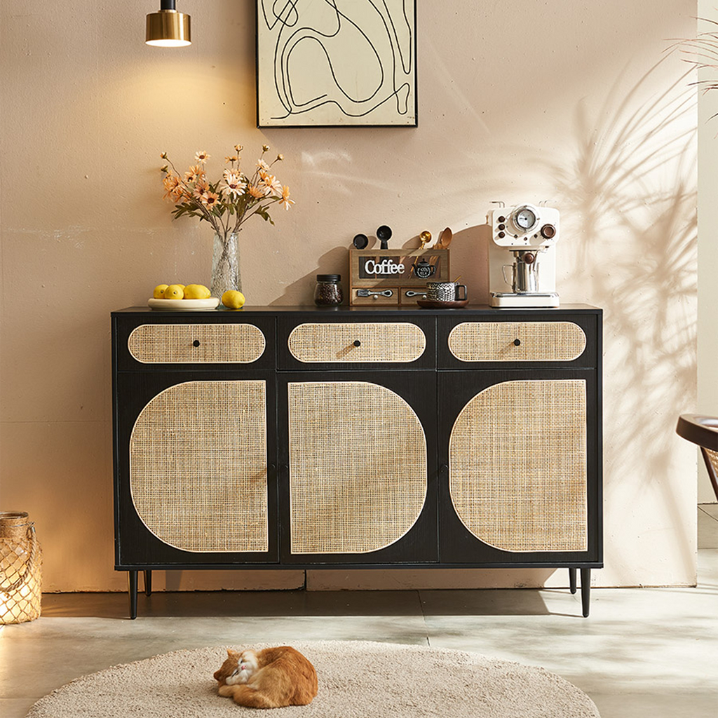 Ballard Rattan Sideboard, Black Or Oak, side view of sideboard mid century modern