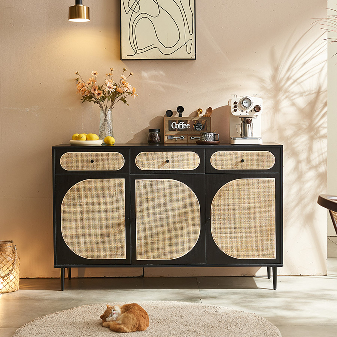 Ballard Rattan Sideboard, Black Or Oak, side view of sideboard mid century modern