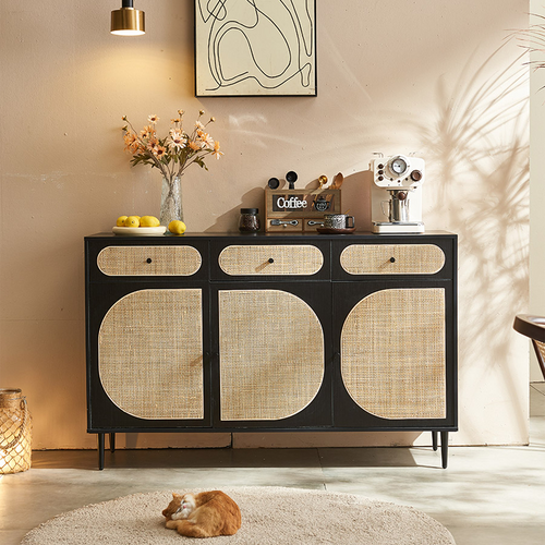 Ballard Rattan Sideboard, Black Or Oak, side view of sideboard mid century modern