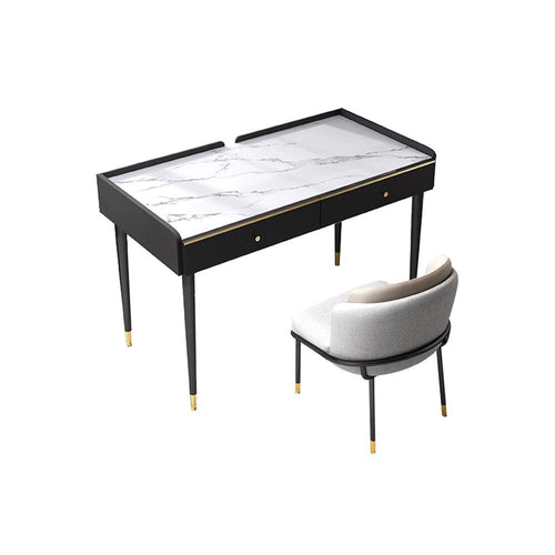 Bodden Office Desk, Sintered Stone, side view of home office desk with drawers and shelves