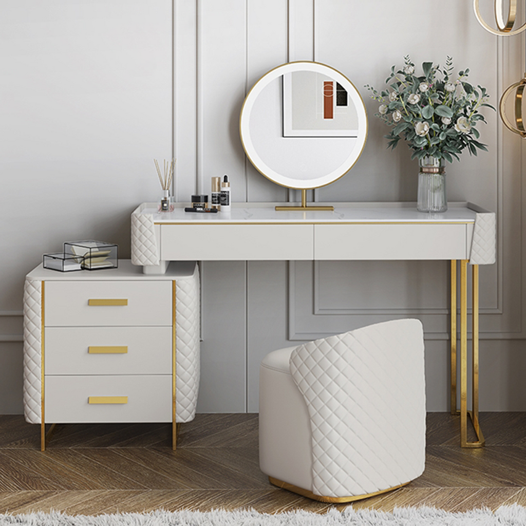 Detail view of Joshua Dressing Table, White with circle dining table and chairs