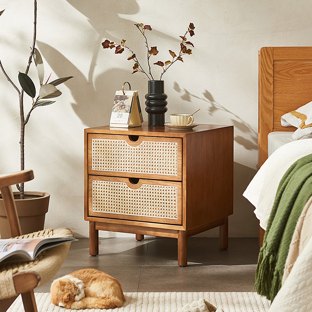Kogi Bedside Table Solid Wood, Rattan-Weilai Concept-Weilai Concept