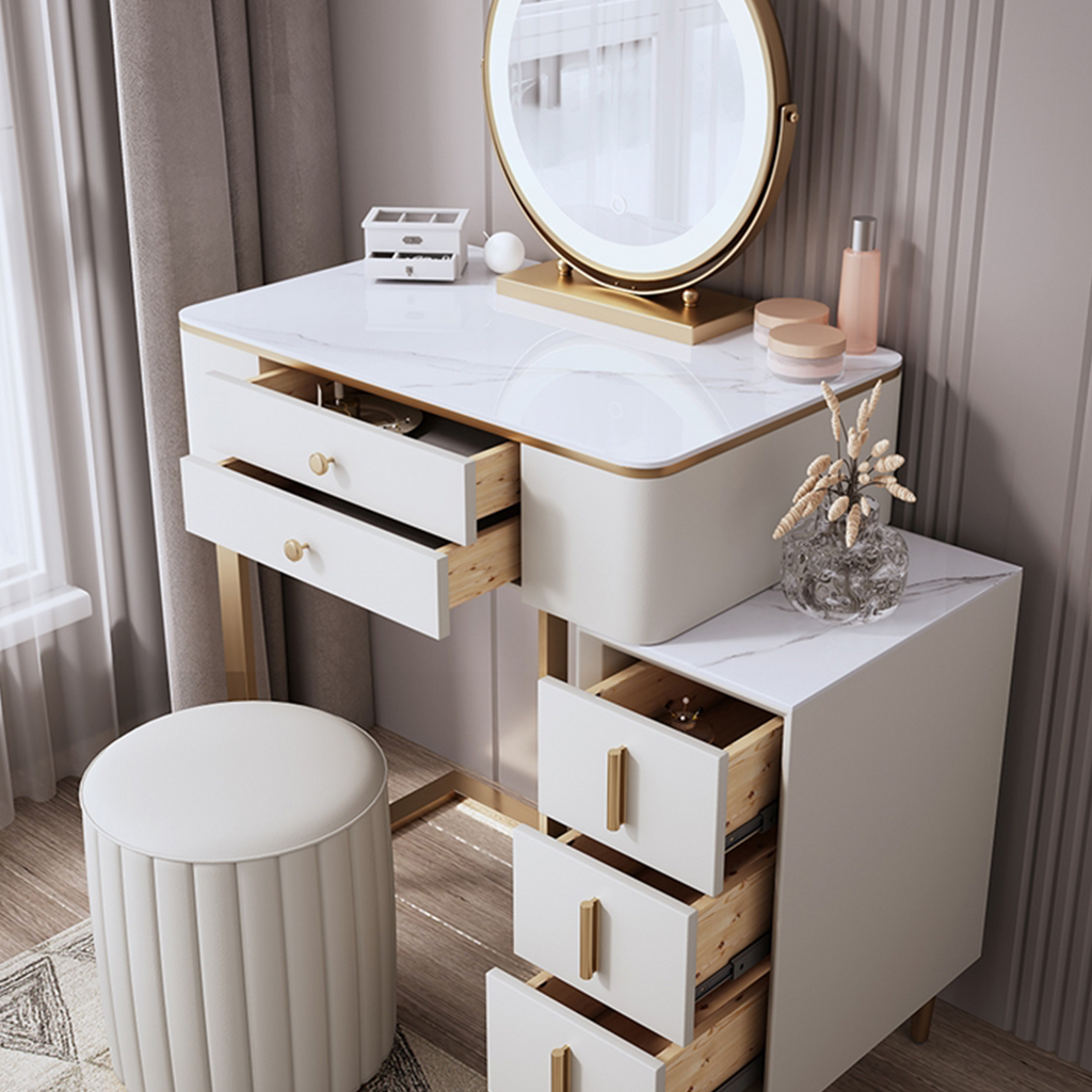 Detail view of Lakin Dressing Table, White with corner bench dining table set