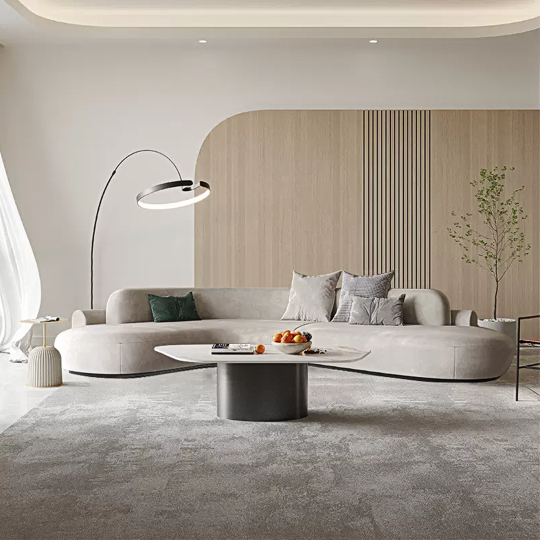 Detail view of Cosima Grey Four Seater, Five Seater Curved Sofa, Long Sofa, Velvet with curved small sofas